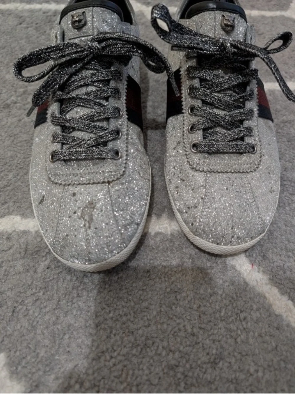 Gucci Silver Glitter Men's Sneakers with Red & Blue Web Stripe